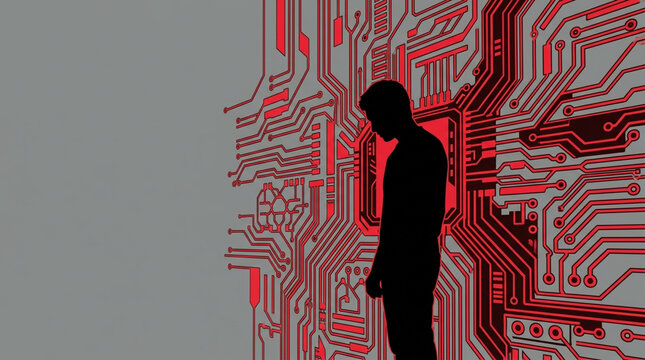 A humanoid silhouette standing before a wall of glowing circuit patterns illustration - Mystic style flat vector illustration
