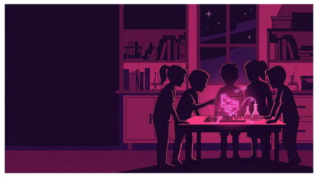 A group of children's silhouettes gathered around a glowing science project illustration - Retro-pop style flat vector illustration