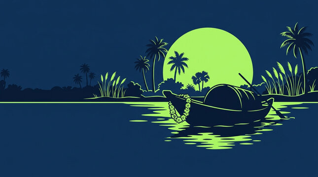 A river boat silhouette carrying a garland beneath a full moon illustration - Bengali literary style flat vector illustration