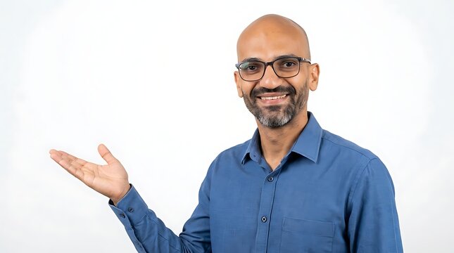 Man gesturing with hand open to present product on white background.