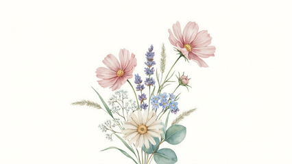Obraz premium Watercolor bouquet of pink cosmos, white daisies, and lavender isolated on a transparent background