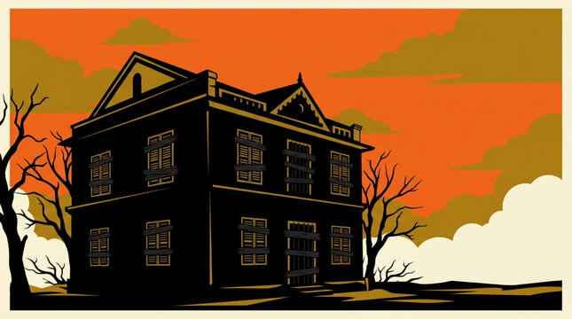 A house silhouette with all its windows shuttered against an orange sky illustration - Noir style flat vector illustration