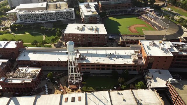 Aerial view of the renovated warehouses in the American Tobacco Complex downtown Durham, North Carolina, with a mix of shops and restaurants and offices