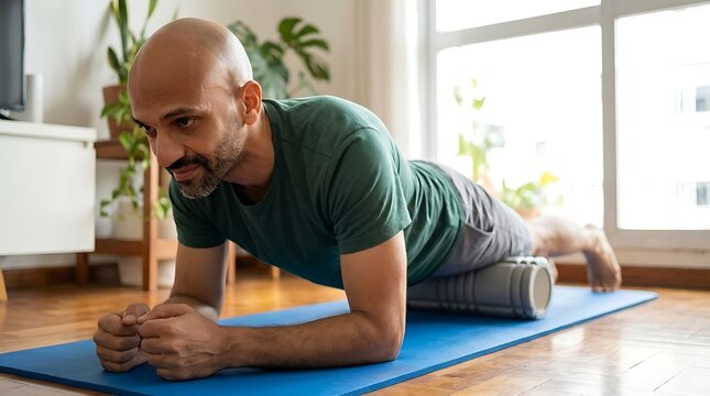 Man doing plank exercise on a foam roller in a bright living room.