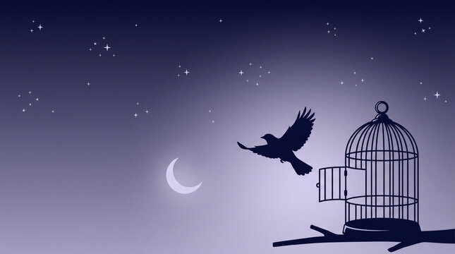 A single bird silhouette flying beyond an open cage into a starlit sky illustration - Fantasy style flat vector illustration