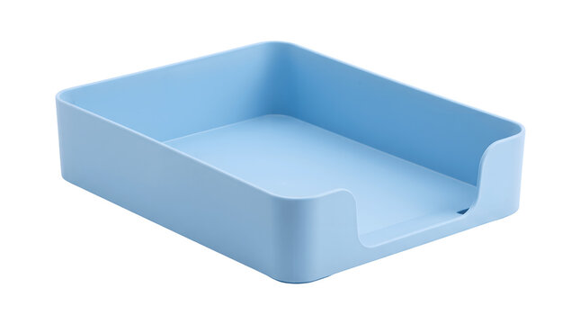 Light blue plastic document tray, minimalist office desk organizer, stackable paper storage bin for workspace organization