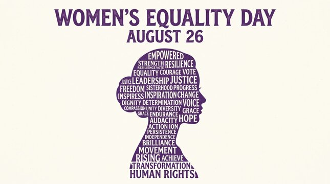 Women equality day august 26 concept with female profile silhouette filled with empowerment and justice words
