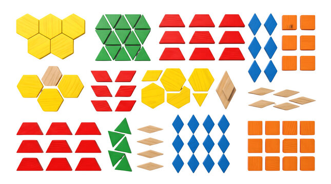 Geometric wooden pattern blocks for education, colorful math manipulative shapes on white, primary color timber geometry set