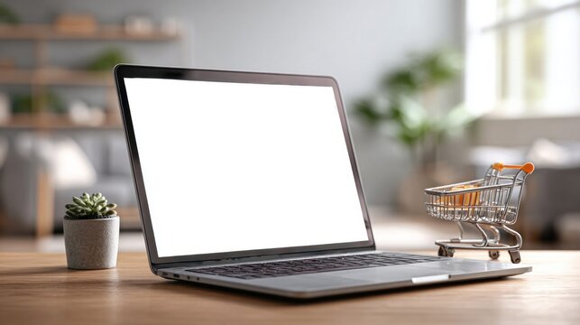 Laptop with miniature shopping cart and succulent plant on wooden desk
