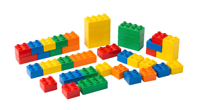 Colorful plastic building blocks on white background, primary color toy bricks for children, creative construction play set