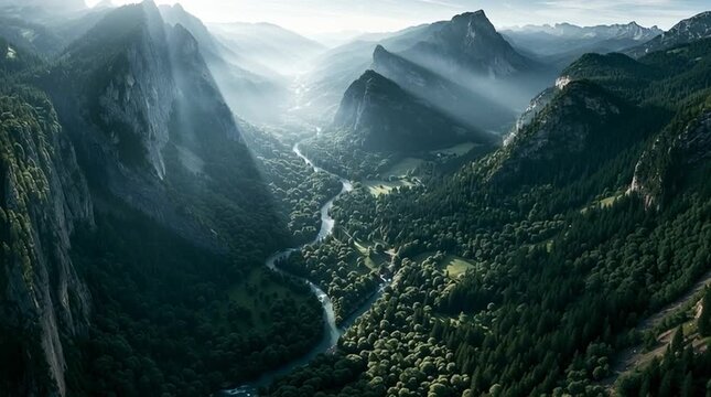Hidden alpine valley where cliffs, rivers and forests naturally align into enormous geometric proportions visible only from a high aerial perspective. Dramatic terrain reveals a remarkable natural pat