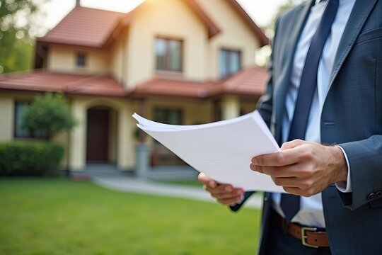 Real Estate Photoshoot Concept: Close-Up of Home Appraiser Reviewing Document in Front of Property