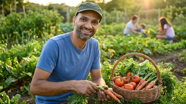 Man smiles next to a wooden basket filled with harvested carrots and tomatoes.