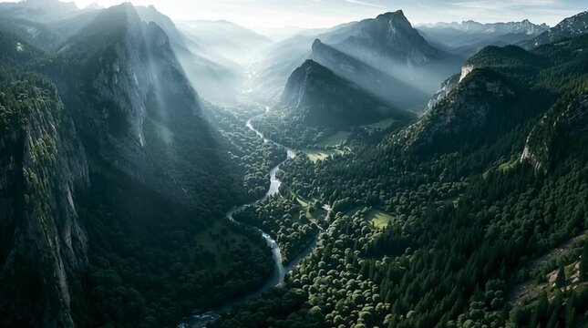 Hidden alpine valley where cliffs, rivers and forests naturally align into enormous geometric proportions visible only from a high aerial perspective. Dramatic terrain reveals a remarkable natural pat