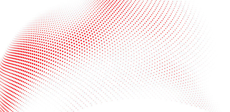 Abstract red halftone dot wave background with curved flowing particles and futuristic motion effect