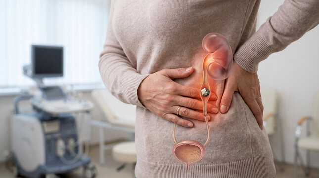 Woman experiencing kidney stone pain with detailed kidney, ureter, and urinary tract anatomy