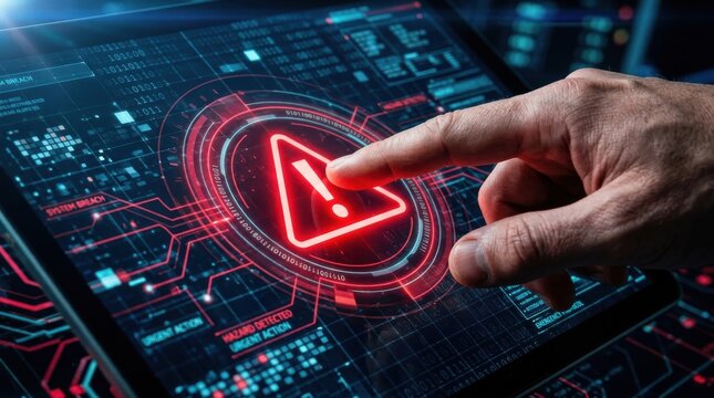 Person interacting with digital hazard alert symbol on glowing touchscreen showing system breach.
