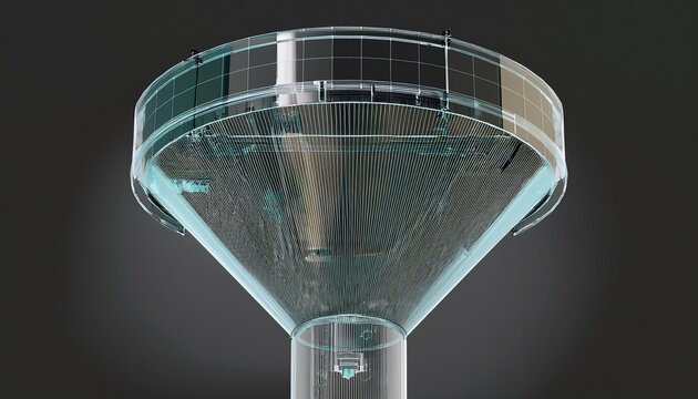 3d modular data conveyor with input funnel transparent channel and multi lane output for etl processing workflow automation analytics and saas presentation