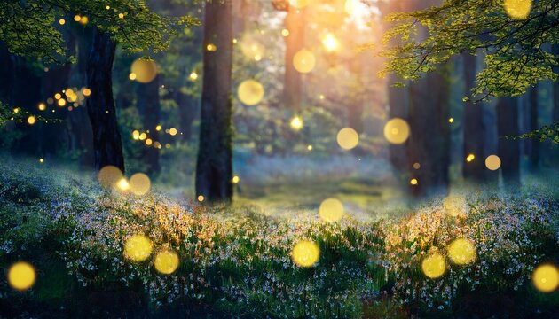 enchanted forest clearing with glowing fireflies and blooming flowers