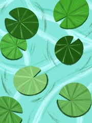 Flat design illustration of green lily pads floating on calm turquoise water ripples, perfect for nature-themed background and wallpaper.