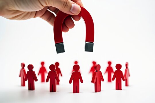 Mesmerizing Close-Up Shot of Hand Using Horseshoe Magnet to Attract Red Human Figures on White Background, Representing Recruitment and Career Advancement.