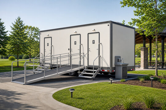 Modern portable restroom trailer with entry ramps and handrails beside a shaded park pavilion on a sunny day.