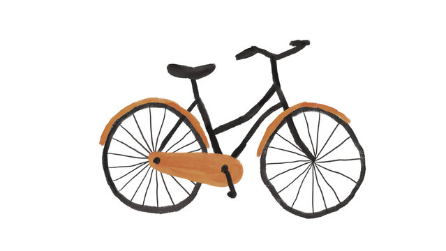 Minimalist hand drawn vintage bicycle illustration with black metal frame and brown fenders isolated on a solid transparent background