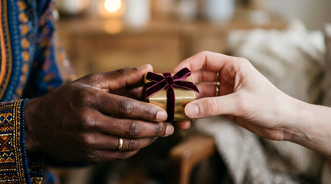Diverse hands exchanging a small golden gift box with a velvet ribbon, symbolizing connection and generosity Diverse people exchanging gifts