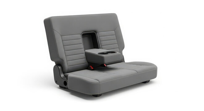 Modern gray automotive passenger seat featuring a fold down center armrest with integrated cup holders isolated against a clean white background for vehicle interior design
