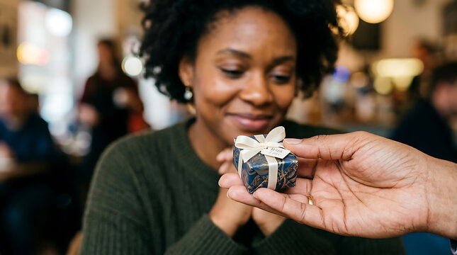 Diverse woman receives small gift with joy and appreciation from a friend in a warm social setting Diverse people exchanging gifts
