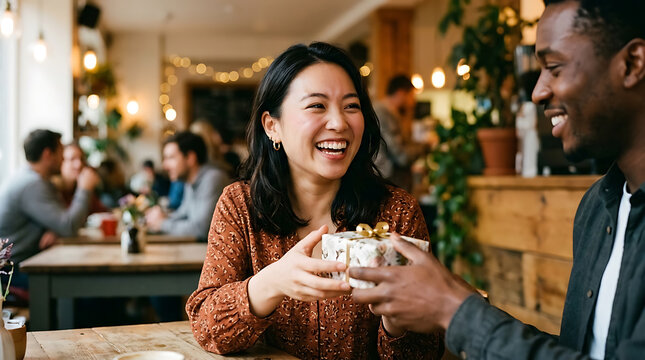 Diverse friends joyfully exchange a gift in a cozy cafe celebrating connection and generosity Diverse people exchanging gifts