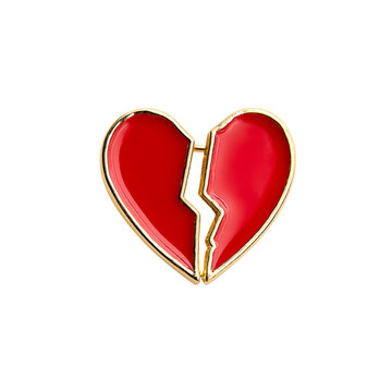 Broken heart pin, red and gold enamel, symbolizing lost love, sadness, and emotional pain, reflecting the fragility of relationships.