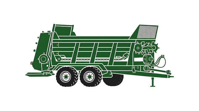 Green agricultural manure spreader trailer isolated on plain white background for farm equipment