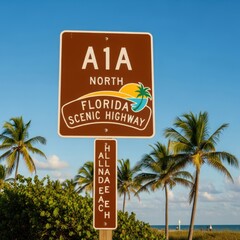 Naklejka premium Florida Scenic Highway Sign With Palm Trees And Ocean View