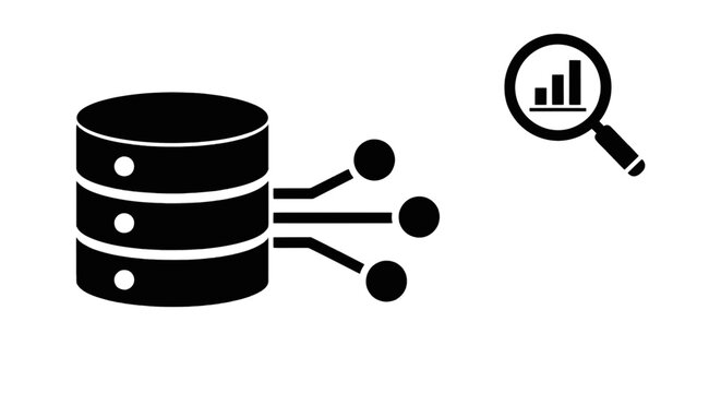 Vector illustration of database server with data nodes and analytics search icon on a transparent background