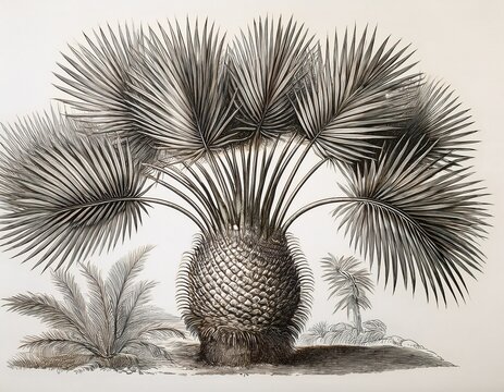detailed etching of a sago palm showing intricate fronds and a bulbous base this botanical study features prickly seed capsules and cycad foliage in a classic fine ink style