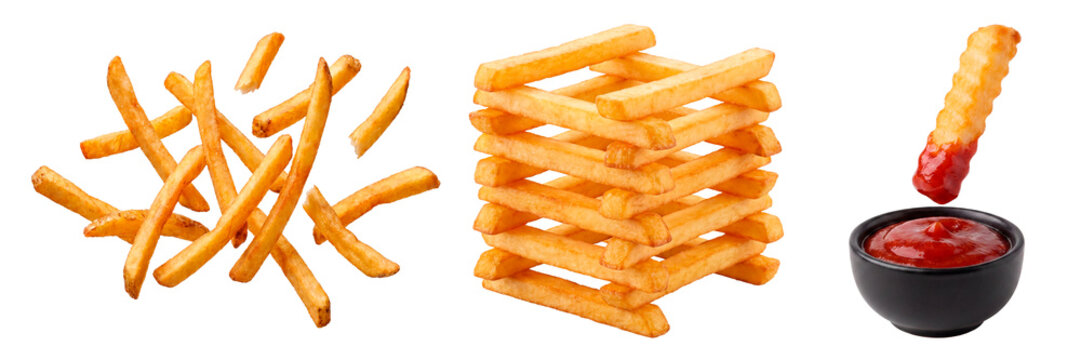 Collection of various french fries compositions and ketchup isolated on a white and transparent background.