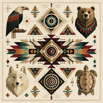 Geometric illustration featuring Indigenous symbols and animal totems. Eagle, bear, wolf, and turtle are combined into a symmetrical design with traditional motifs.