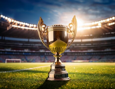 close up of a shiny championship trophy on the grass field of a brightly lit stadium perfect for sports and victory concepts