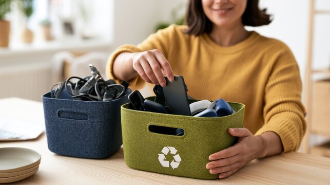 Home electronic waste recycling concept with e-waste collection bin and recycling symbol for environmental background and campaign design