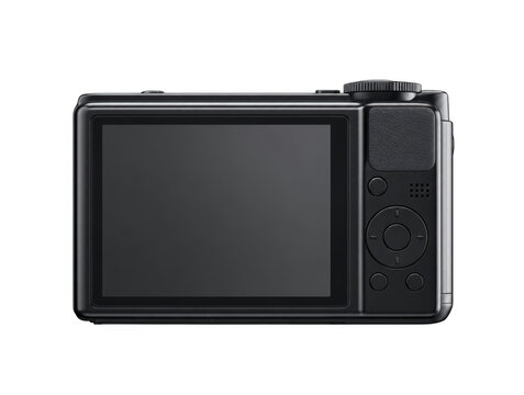 Black digital compact camera back view as isolated on transparent background