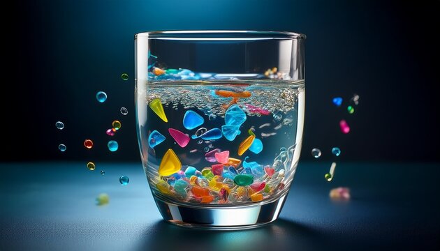 glass of drinking water containing suspended microplastics
