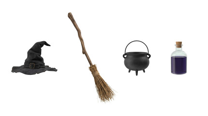 Fototapeta premium A collection of magical witch items including a pointed hat a wooden broomstick a black iron cauldron and a purple potion bottle