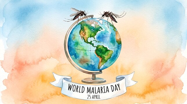 Watercolor illustration of a globe with mosquitoes for world mosquito day awareness concept