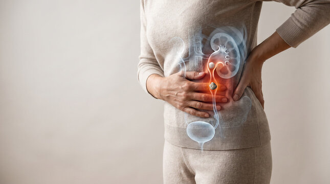 Woman experiencing kidney stone pain from ureteral obstruction with detailed urinary tract anatomy