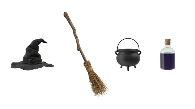 A collection of magical witch items including a pointed hat a wooden broomstick a black iron cauldron and a purple potion bottle