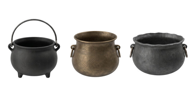 Three different antique metal pots and cauldrons isolated on a solid black background perfect for fantasy themes or historical kitchen design projects