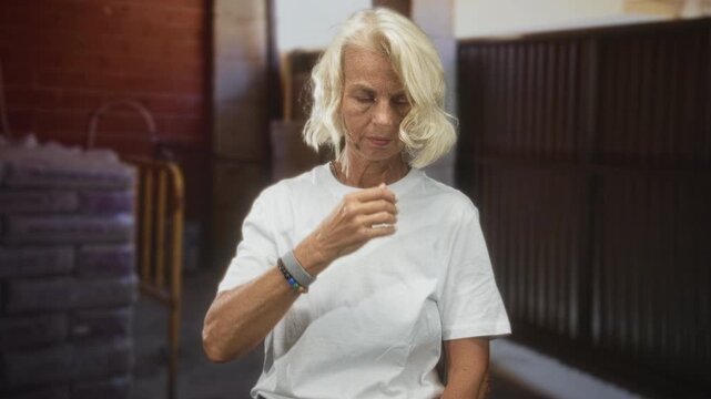 Woman with hand covering mouth and hand touching chest wearing white tshirt and bracelets seated near brick railing in building; quiet concern.