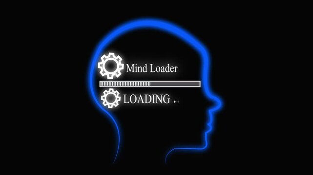 Neon outline of a human head with the word MIND LOADER loading bar and text LOADING animated .4k