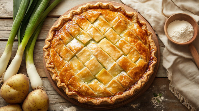 Rustic potato and leek pie with flaky puff pastry. Golden crust highlighted by soft natural light